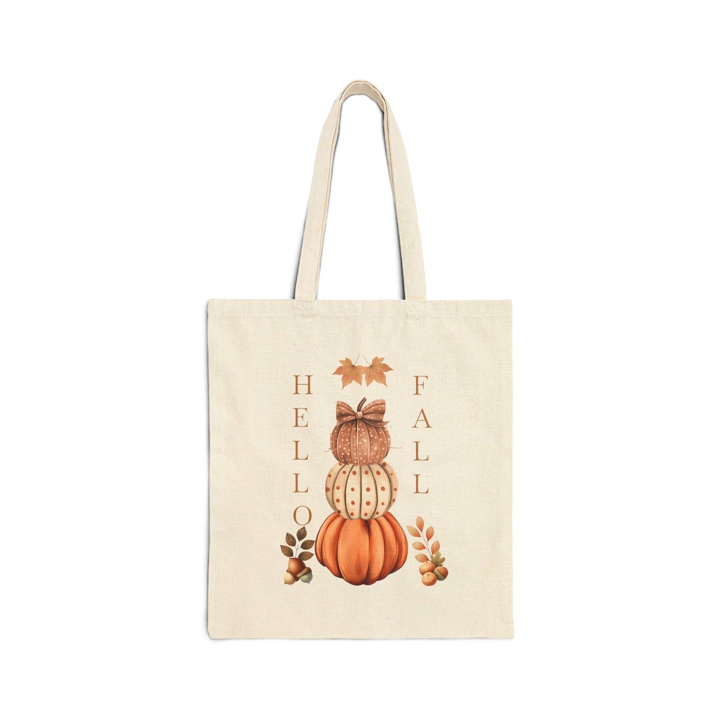 Hello Fall canvas tote bag with a watercolor illustration of a three-tiered pumpkin stack and a festive bow