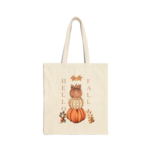 Hello Fall canvas tote bag with a watercolor illustration of a three-tiered pumpkin stack and a festive bow