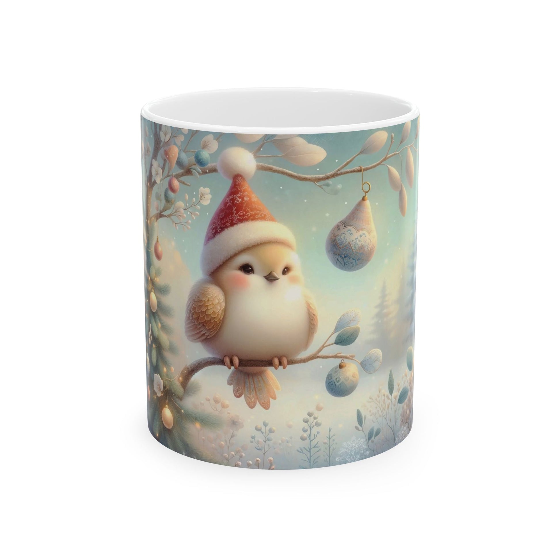 White ceramic coffee mug with a cute illustration of a small, fluffy bird wearing a red and white Santa hat, sitting on a branch with hanging ornaments, against a soft, wintery background.

