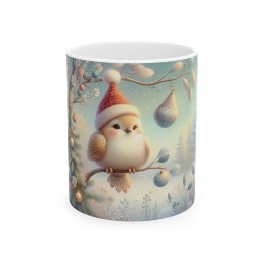 White ceramic coffee mug with a cute illustration of a small, fluffy bird wearing a red and white Santa hat, sitting on a branch with hanging ornaments, against a soft, wintery background.


