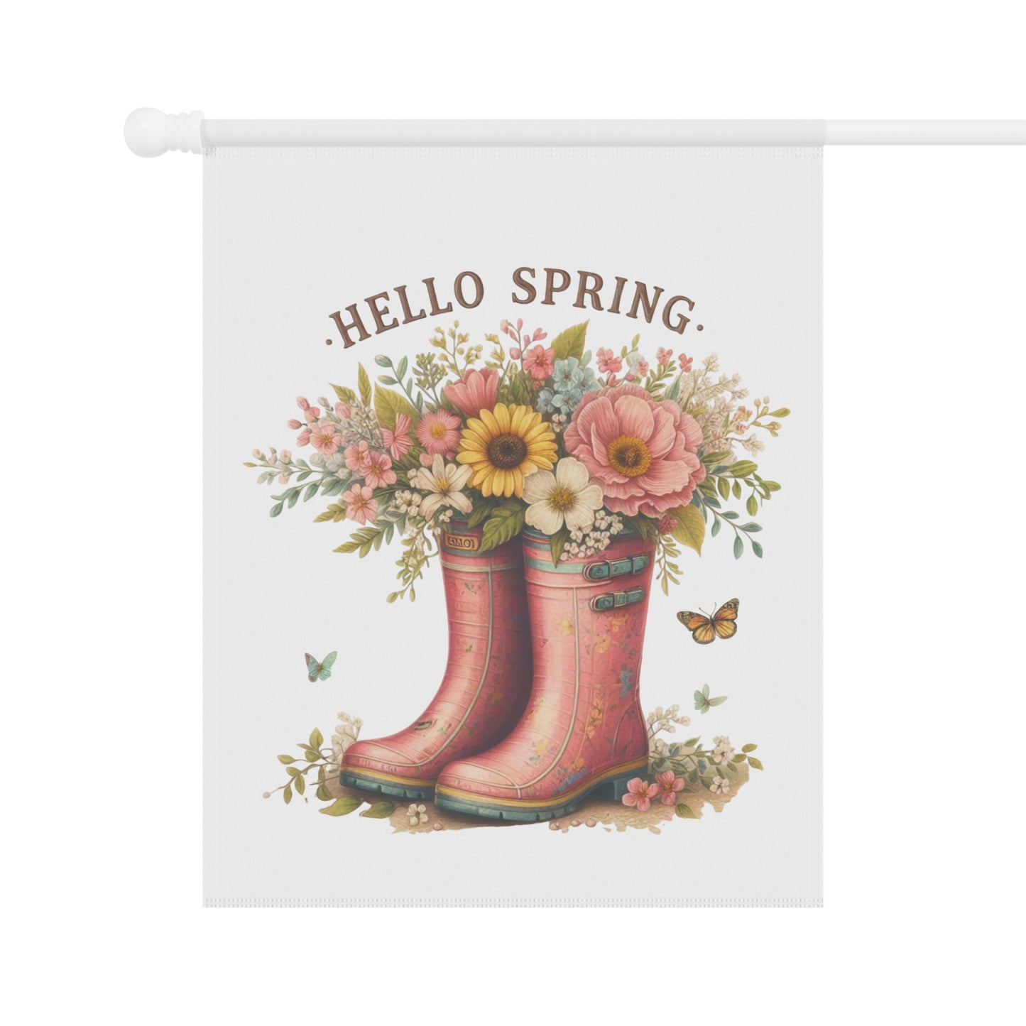 Cute "Hello Spring" Garden Flag with Floral Rain Boots