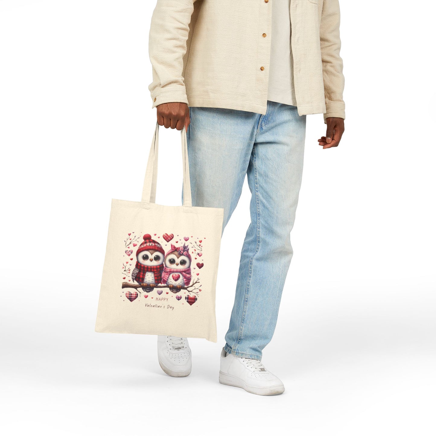 "Happy Valentine's Day" Owl Couple Canvas Tote Bag