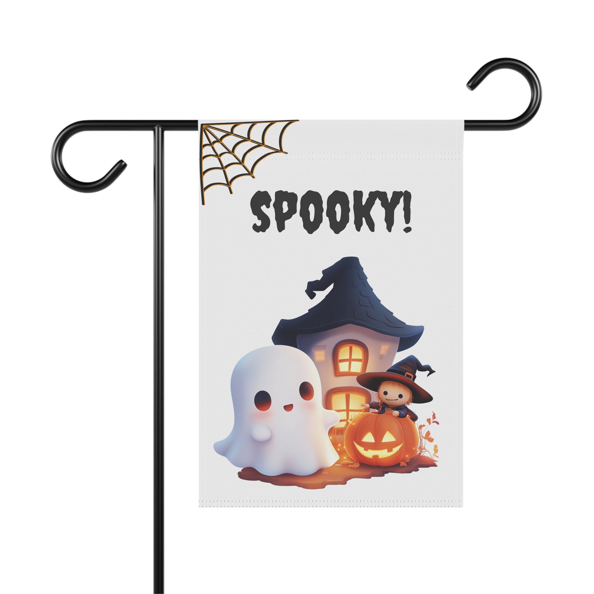 Cute ghost standing next to a glowing haunted house and pumpkin with Spooky! text and spiderweb on a garden flag, Outdoor Halloween garden flag on a metal stand featuring cute ghost haunted house and jack-o'-lantern artwork with Spooky! lettering, Cute ghost and haunted house Halloween yard flag for outdoor front porch and garden decor