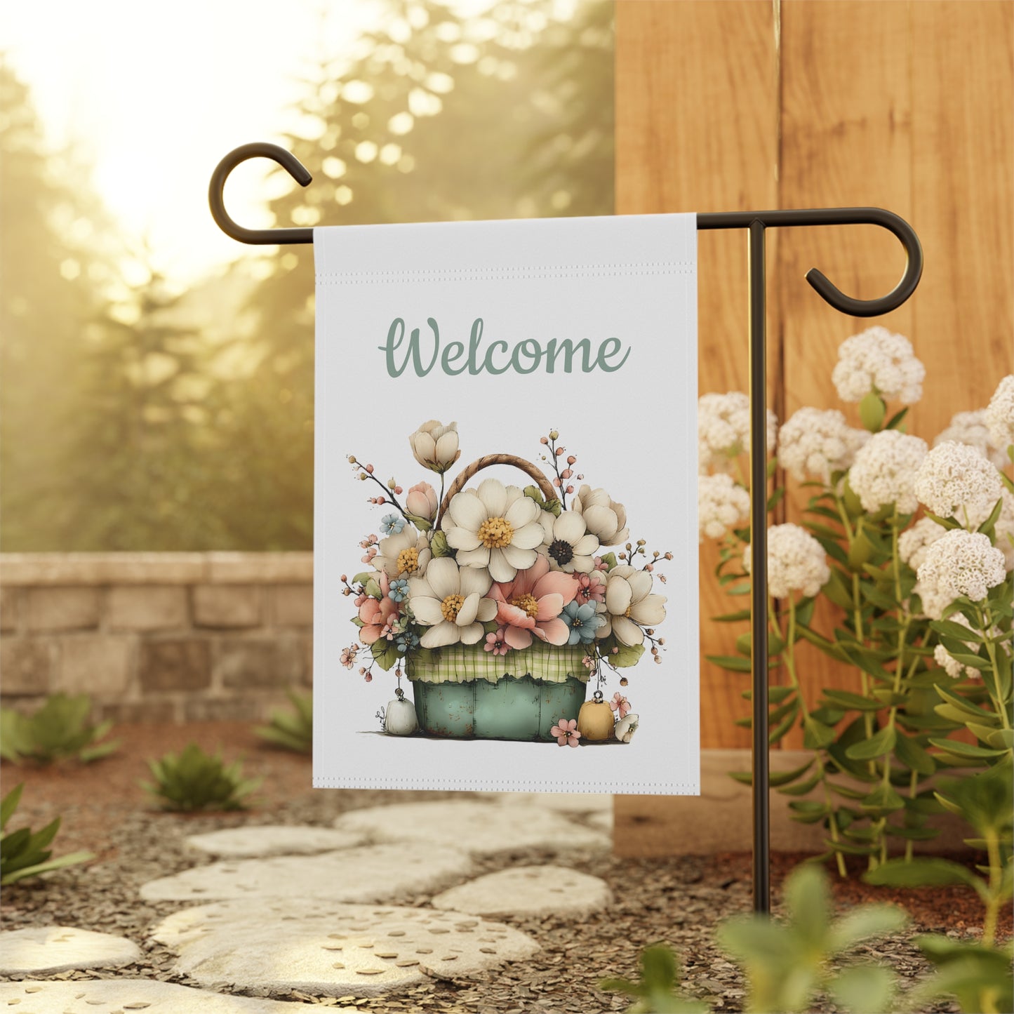Vintage Flower Basket Welcome Flag