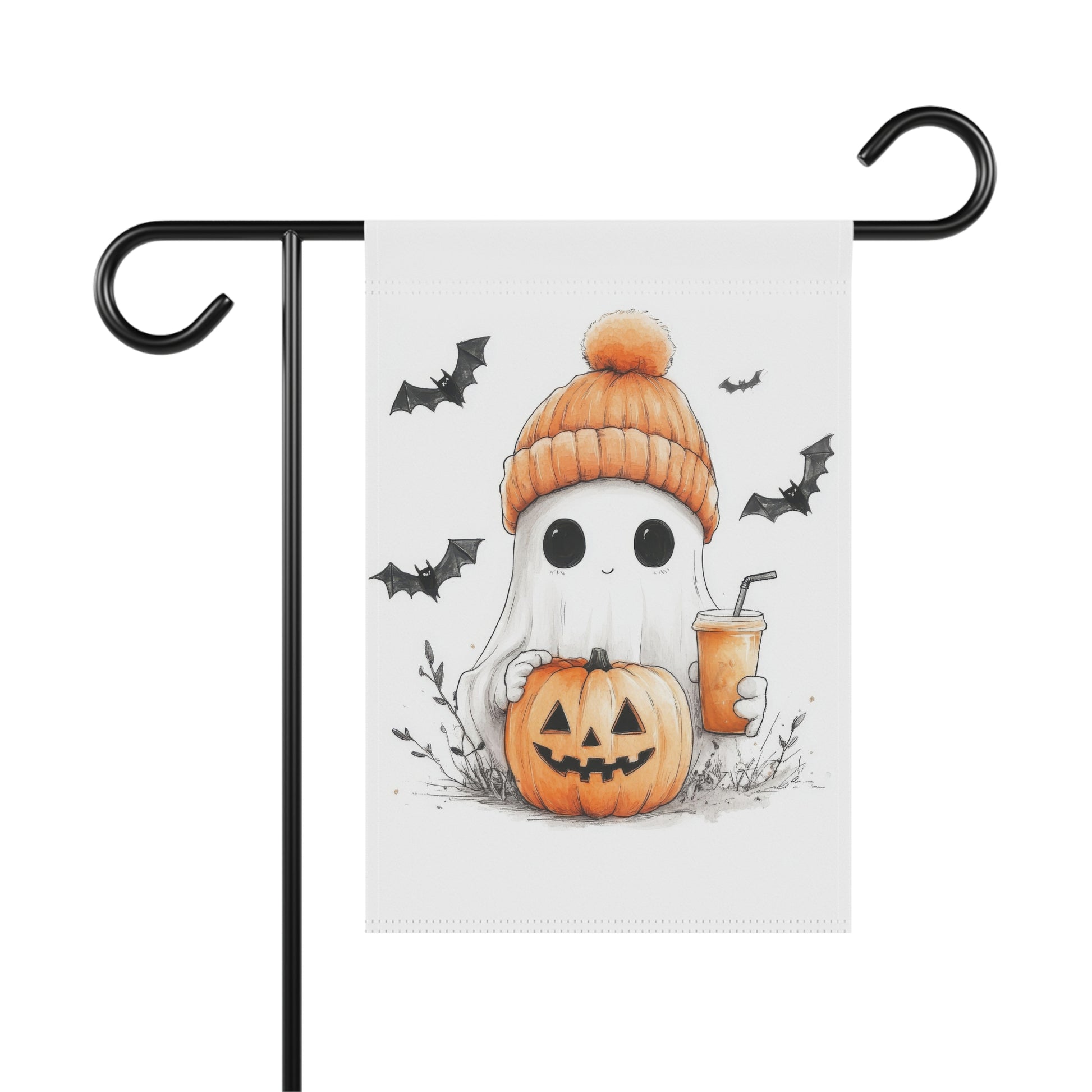 Halloween garden flag with cute ghost wearing a knit hat, holding a pumpkin and drink, surrounded by bats

