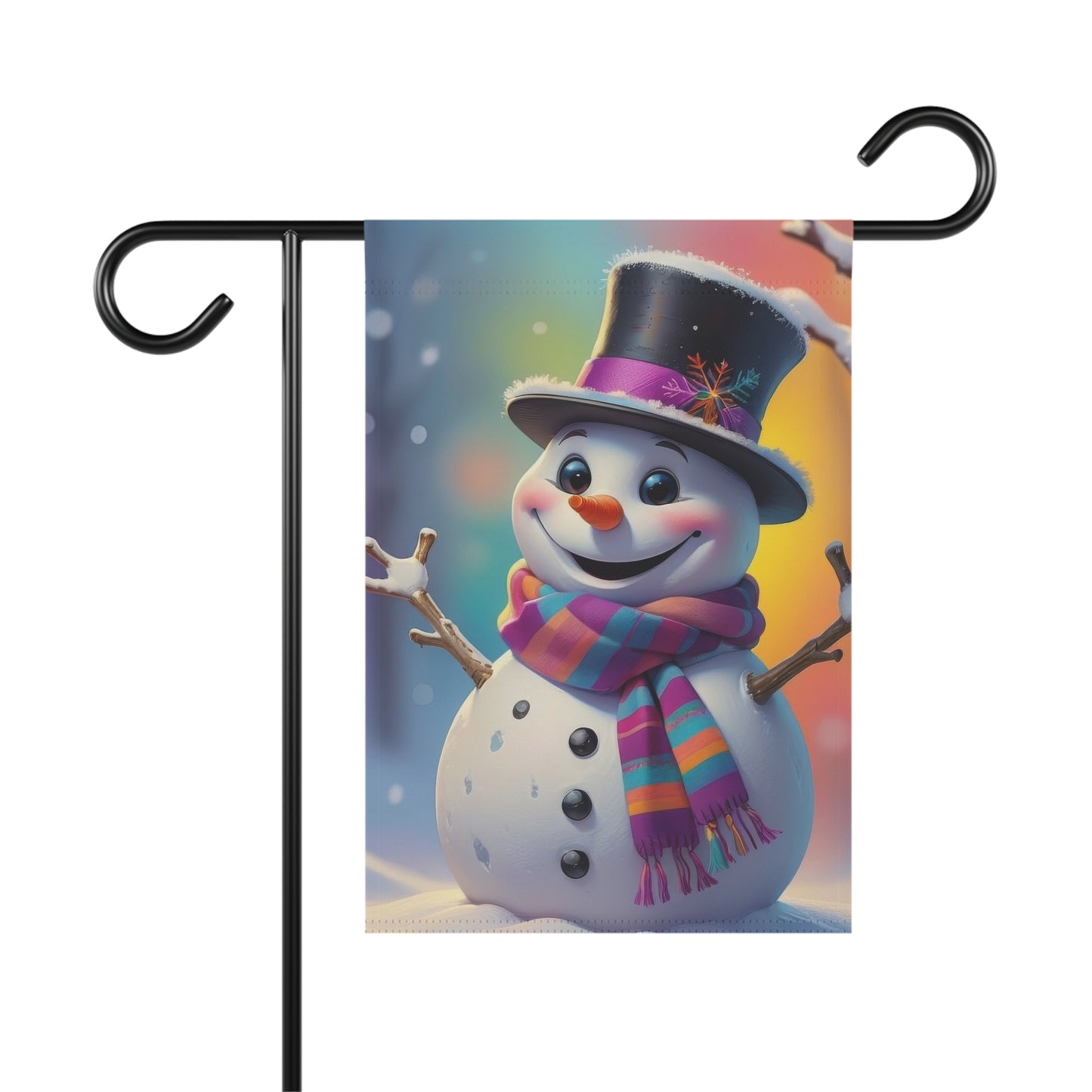 Vibrant and cheerful snowman garden flag with a rainbow-striped scarf, top hat, and colorful background, on a black metal garden flag stand

