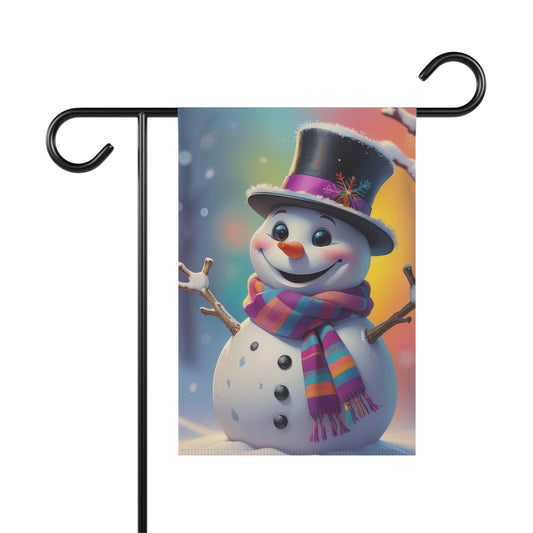 Vibrant and cheerful snowman garden flag with a rainbow-striped scarf, top hat, and colorful background, on a black metal garden flag stand

