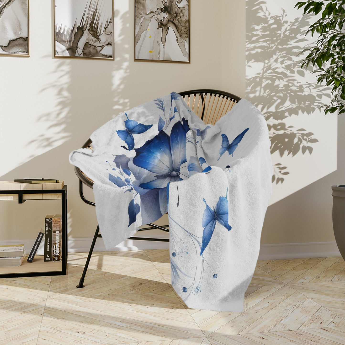 Elegant Blue Butterflies & Flowers Velveteen Blanket