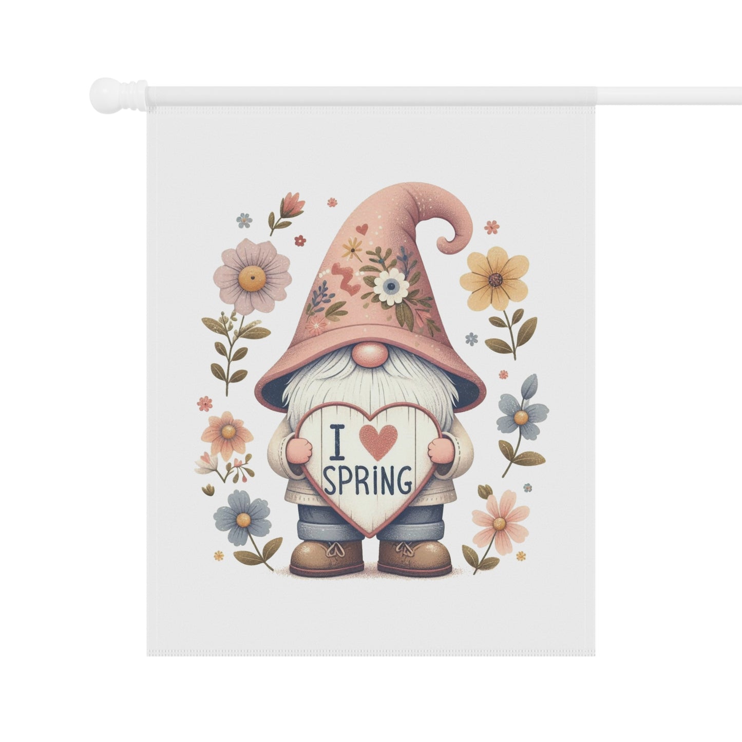 "I Love Spring" Gnome Garden Flag with Floral Hat