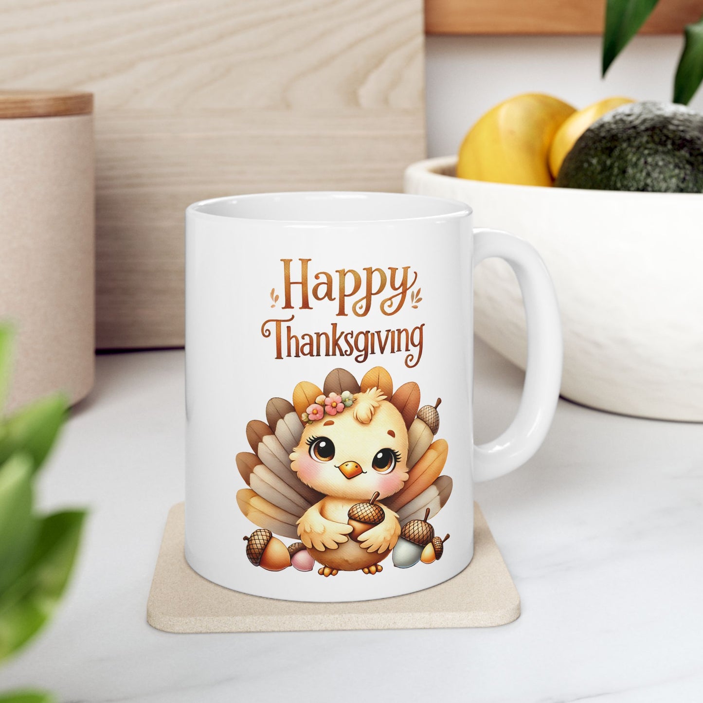 Happy Thanksgiving Coffee Mug with a Cute Turkey Design