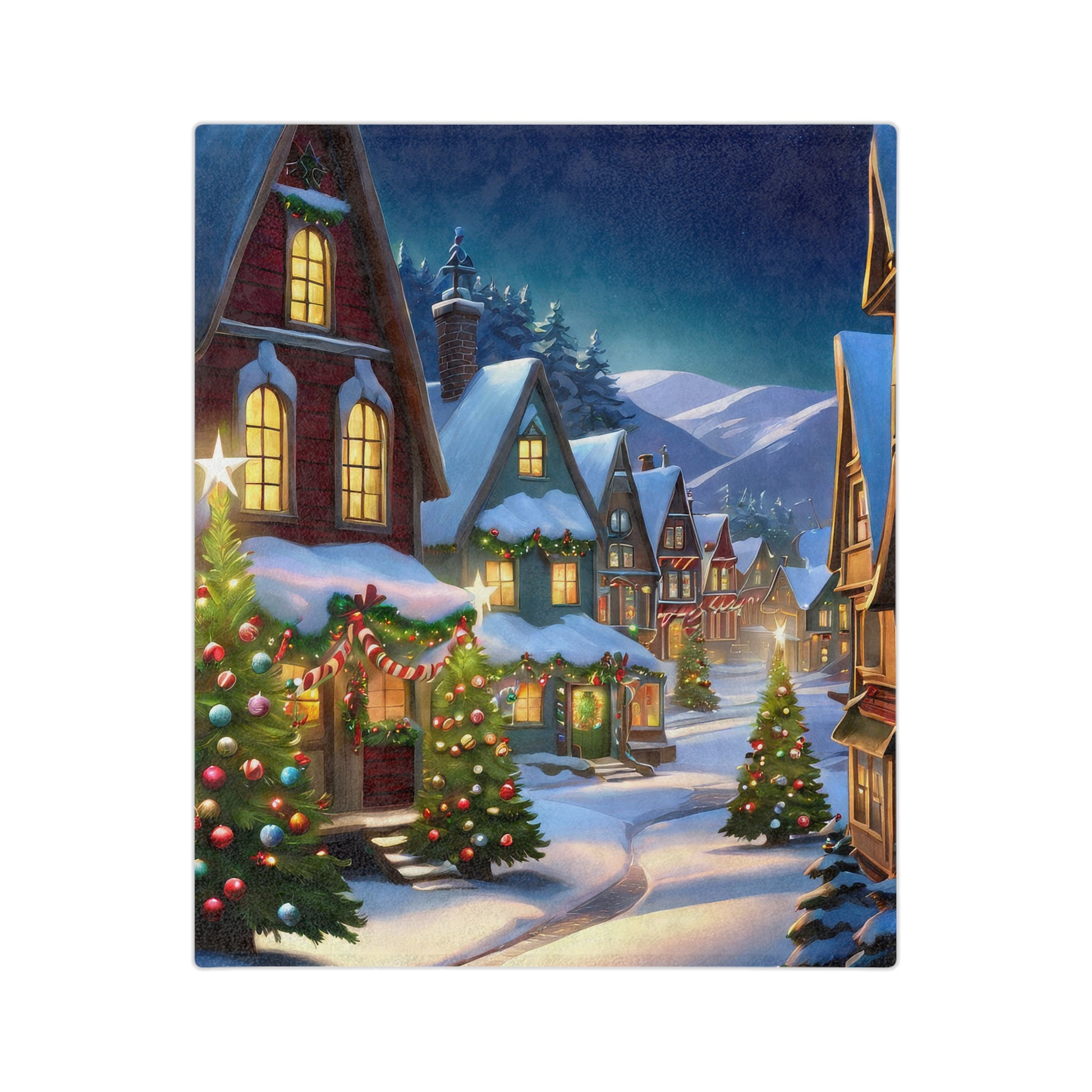 plush sofa blanket featuring a charming Christmas town scene at night, with snow-covered houses, glowing windows, and decorated Christmas trees lining the street.