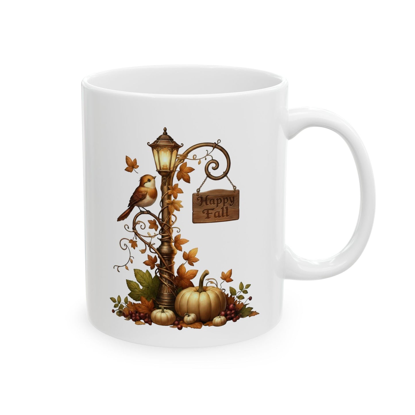 White ceramic coffee mug featuring an illustration of a small brown bird perched on a vintage lamppost with a wooden Happy Fall sign, pumpkins, and autumn leaves at the base.

