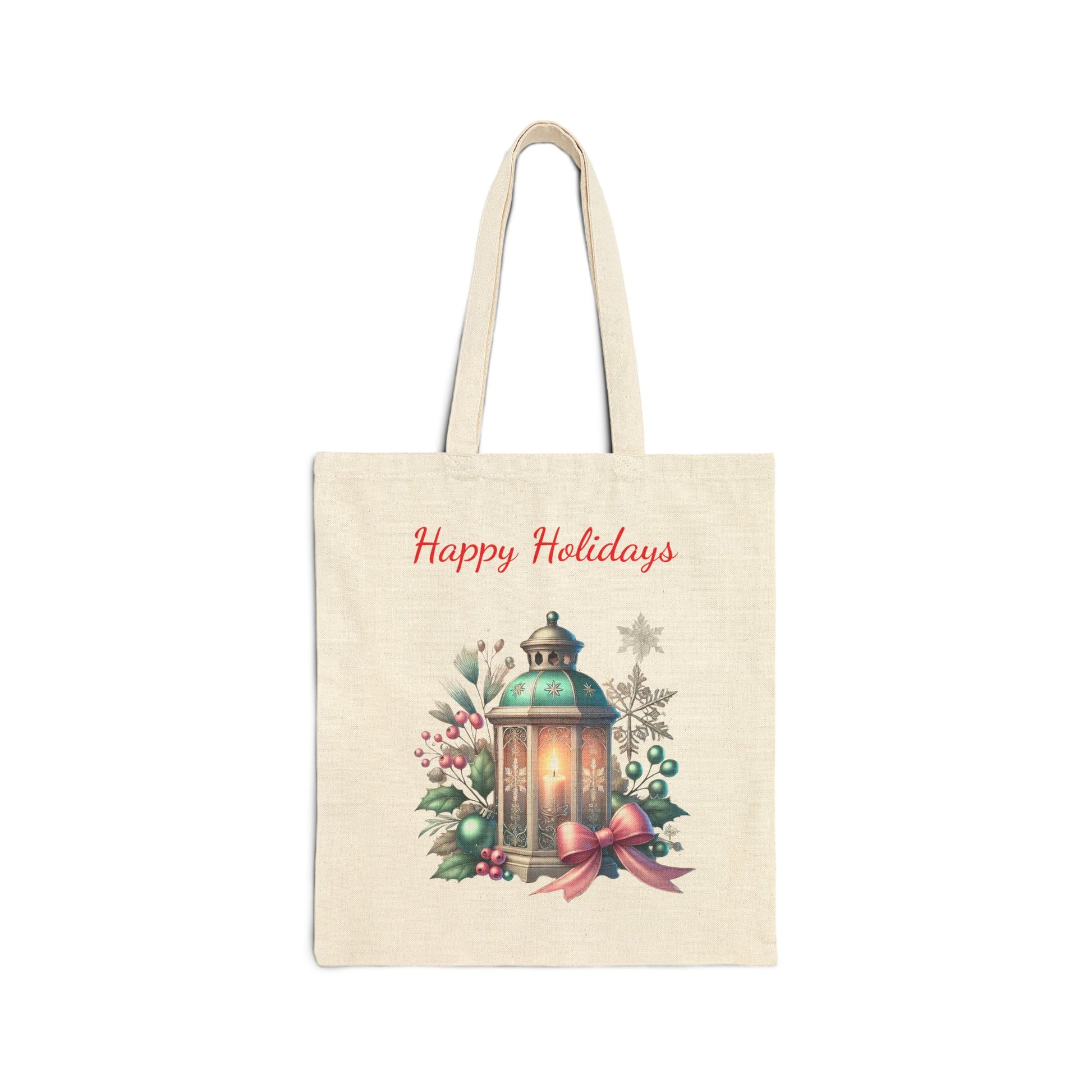 Happy Holidays tote bag featuring a glowing lantern, holly, berries, and a snowflake