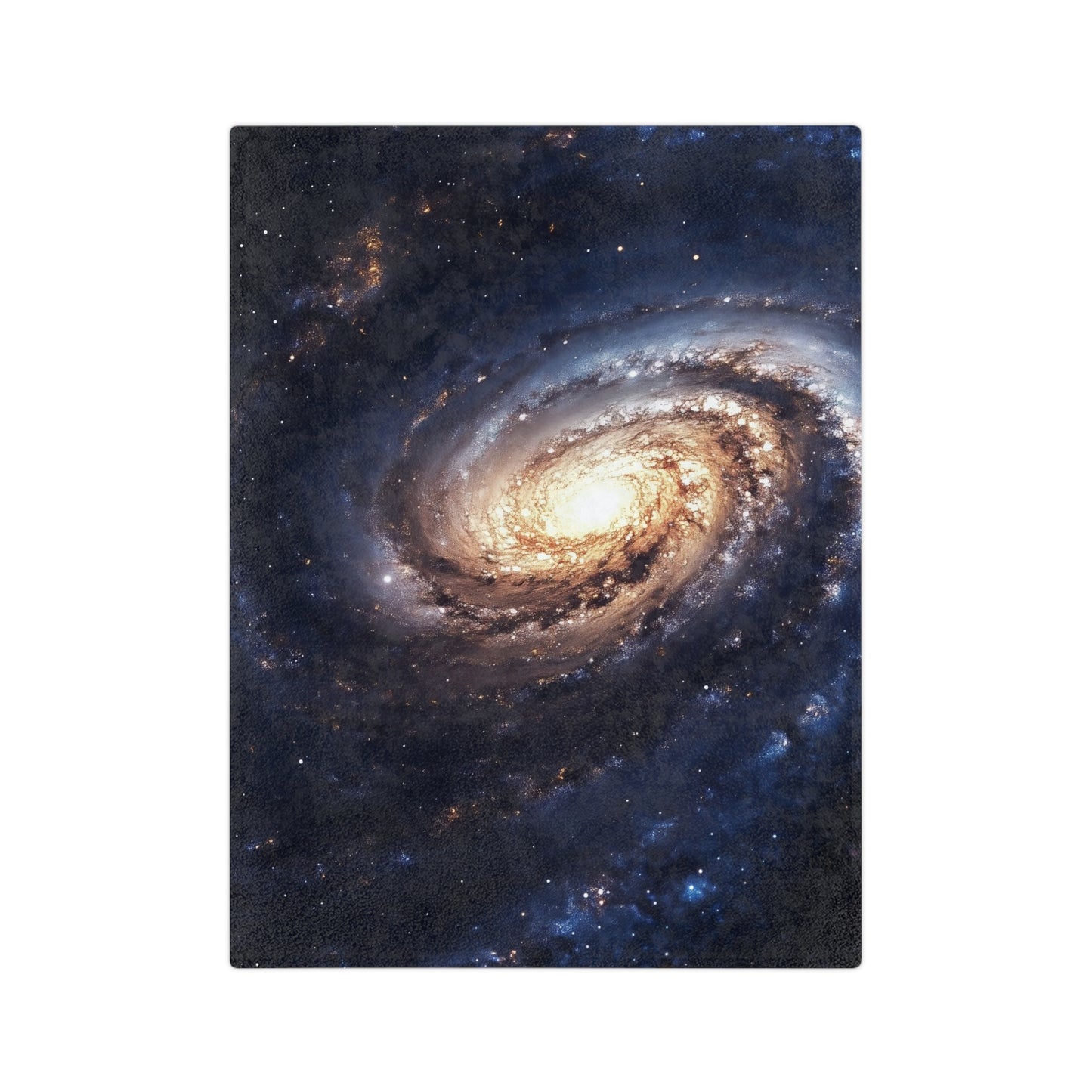 Velveteen plush blanket with a dark blue and gold spiral galaxy print