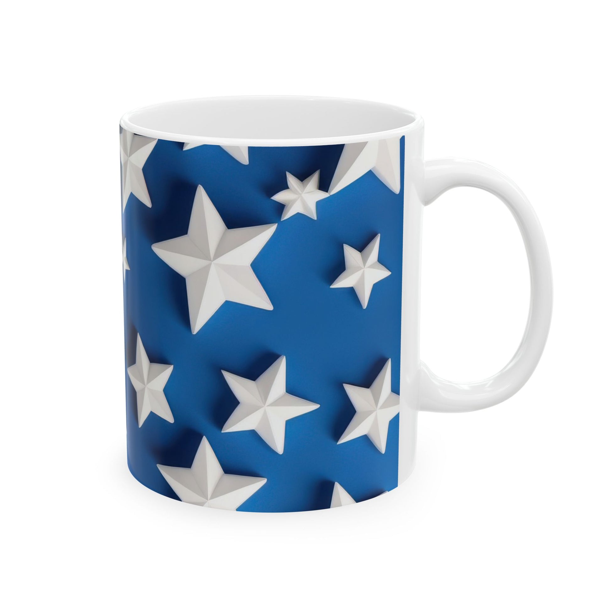 White ceramic coffee mug with a vibrant blue background covered in various sizes of raised, white 3D stars, symbolizing patriotism