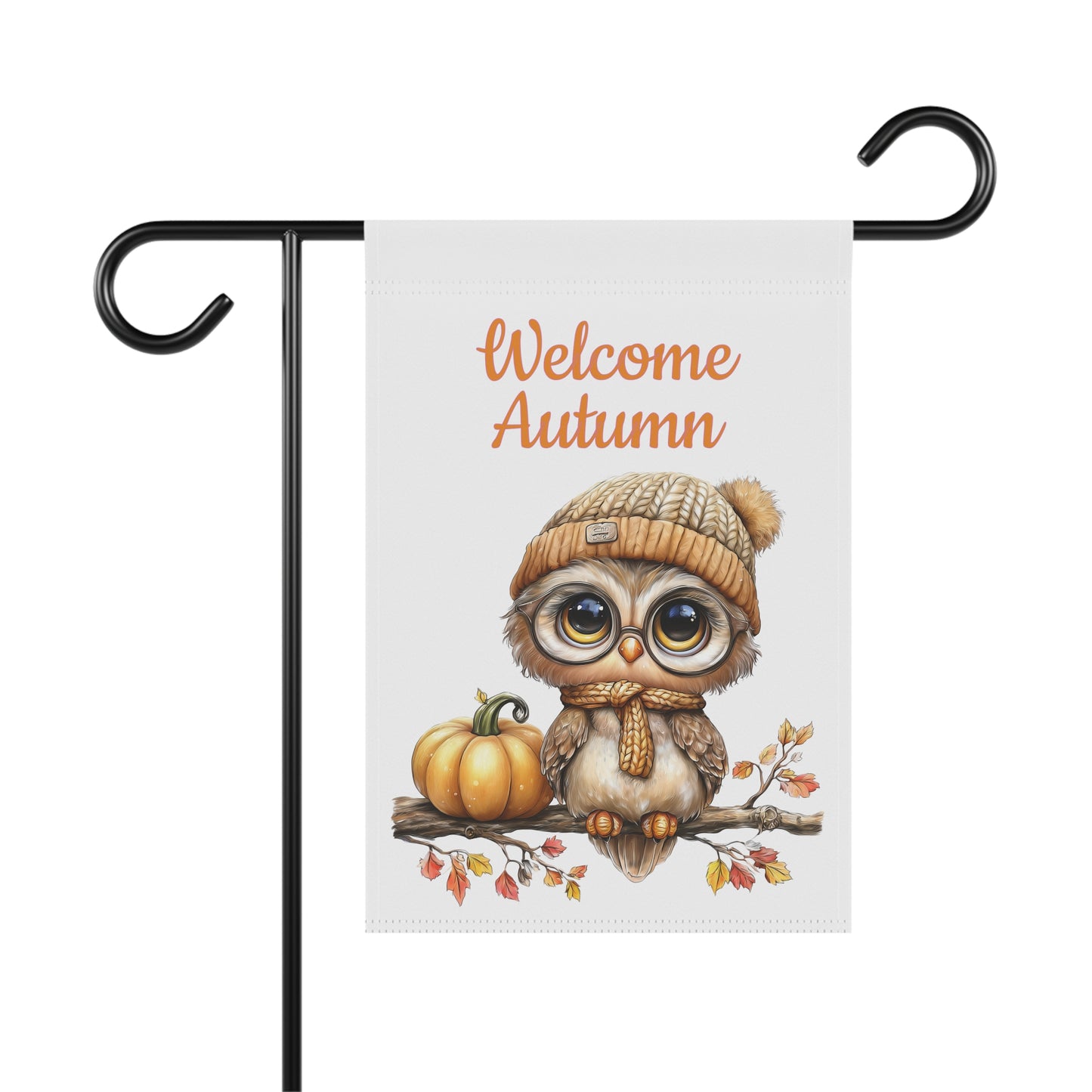 Welcome Autumn garden flag featuring a cute illustration of a baby owl wearing glasses, a knit hat, and a scarf, sitting on a branch next to a pumpkin with autumn leaves.