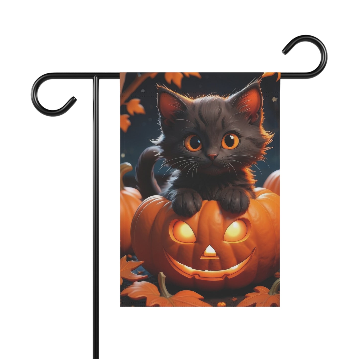 “Adorable black kitten sitting on glowing jack-o'-lantern Halloween garden flag with pumpkins and autumn leaves in background”