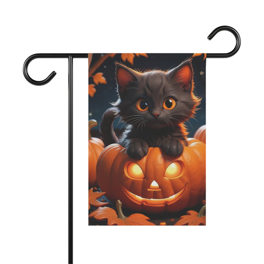 “Adorable black kitten sitting on glowing jack-o'-lantern Halloween garden flag with pumpkins and autumn leaves in background”
