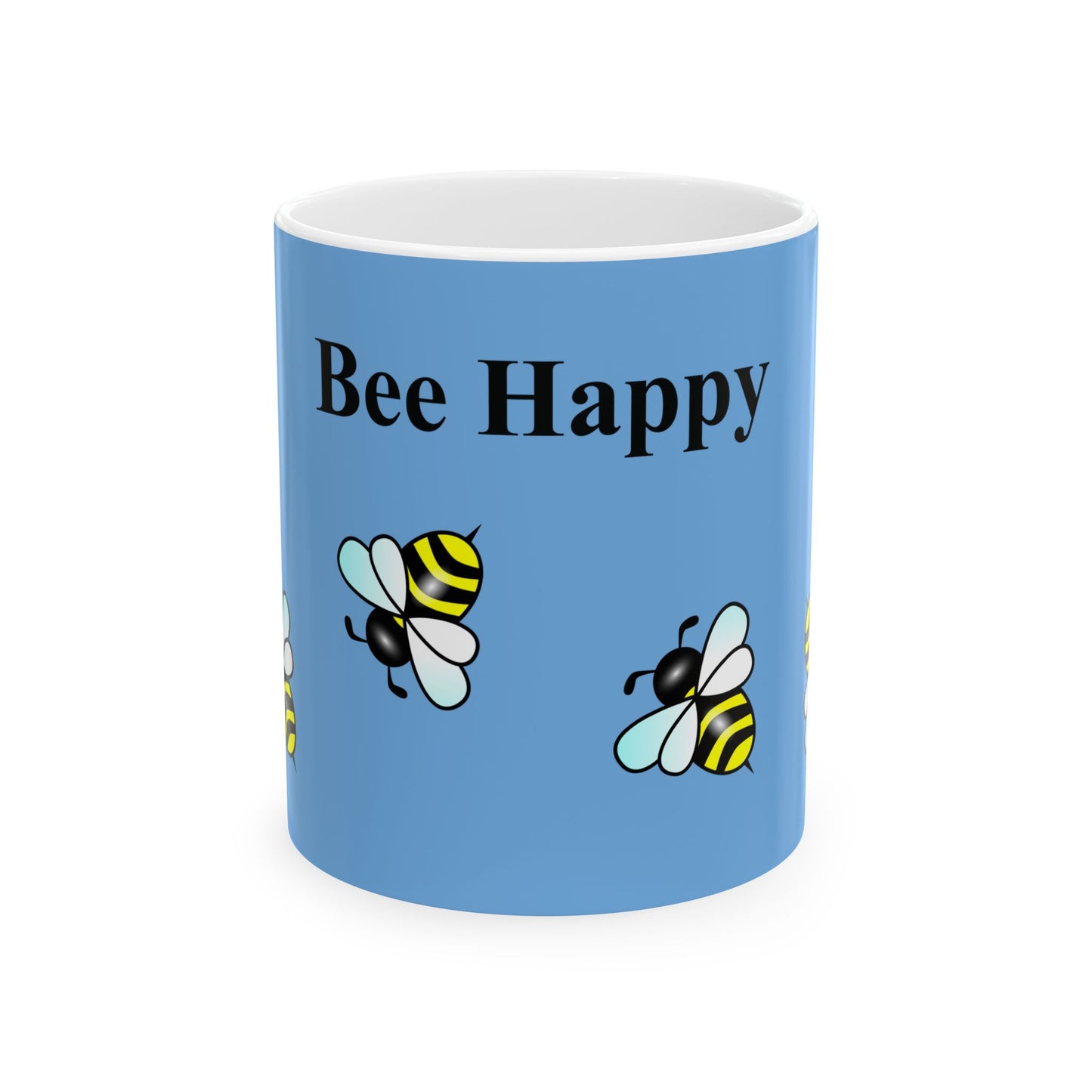 Blue ceramic coffee mug with the text "Bee Happy" in black, and multiple cartoon bumblebees flying around the mug.