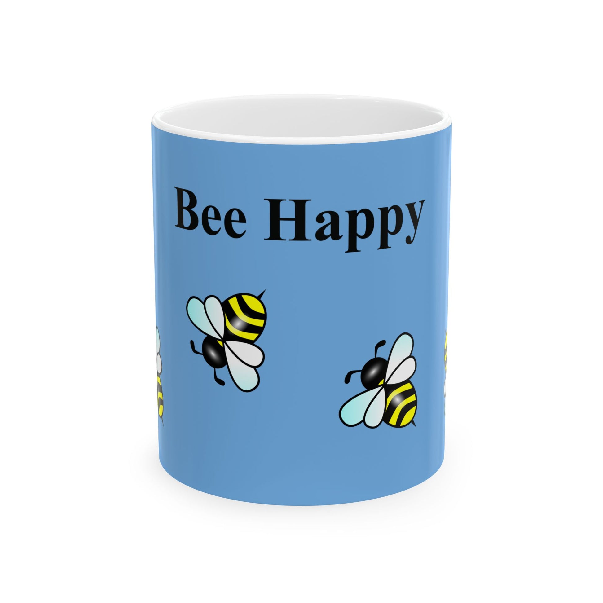 Blue ceramic coffee mug with the text "Bee Happy" in black, and multiple cartoon bumblebees flying around the mug.