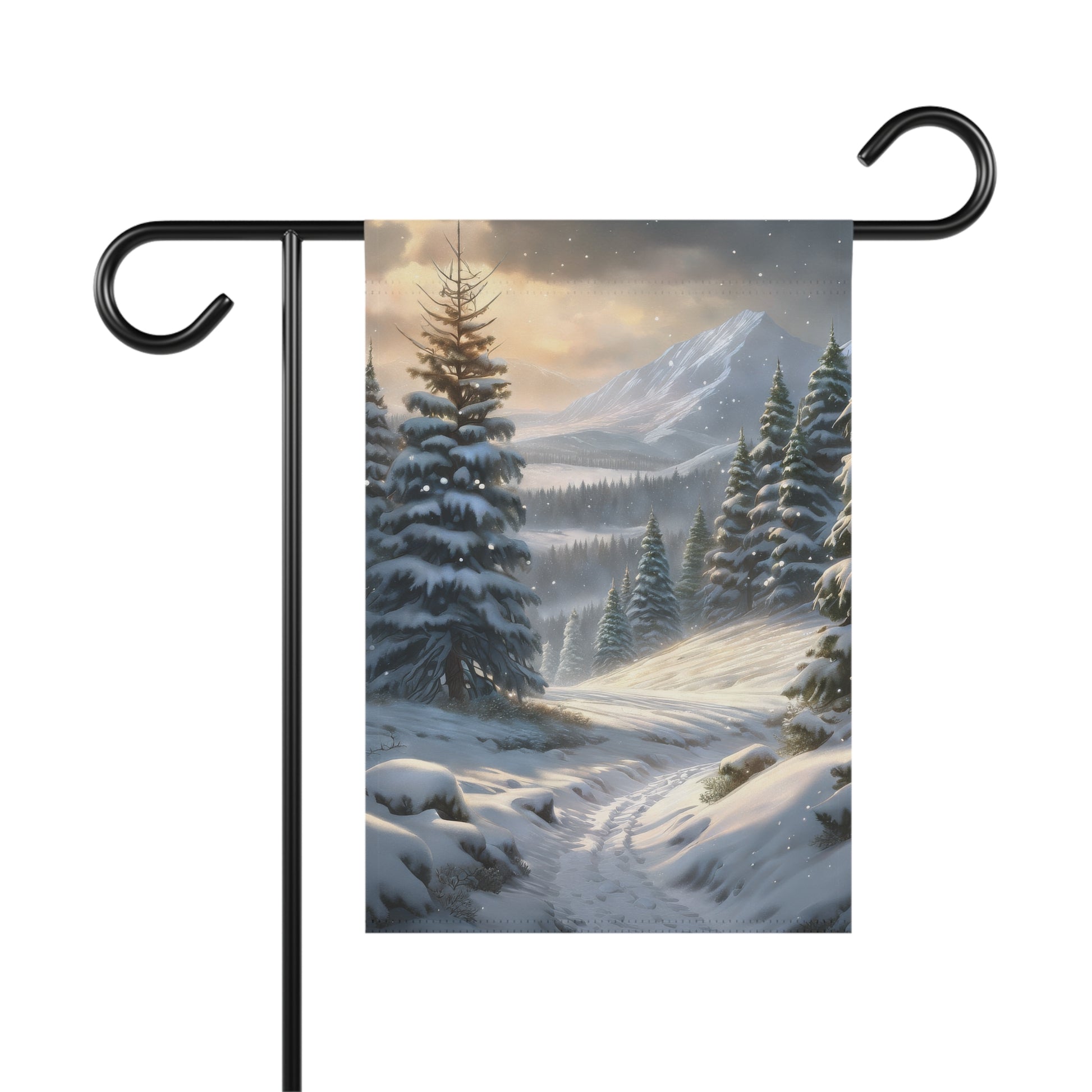 Serene snowy mountain path garden flag with pine trees, a winding snowy trail, and distant snow-capped mountains under a winter sky, on a black metal garden flag stand.

