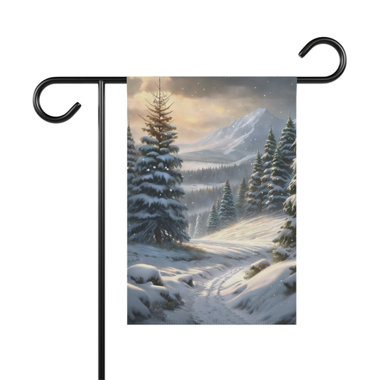 Serene snowy mountain path garden flag with pine trees, a winding snowy trail, and distant snow-capped mountains under a winter sky, on a black metal garden flag stand.

