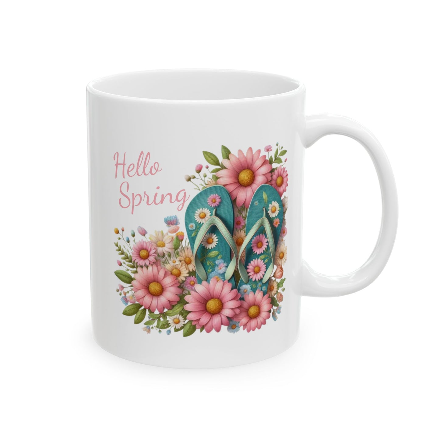 Spring ceramic coffee mug featuring teal flip flops nestled in a large bouquet of pink and white daisies with pink script text that reads Hello Spring.