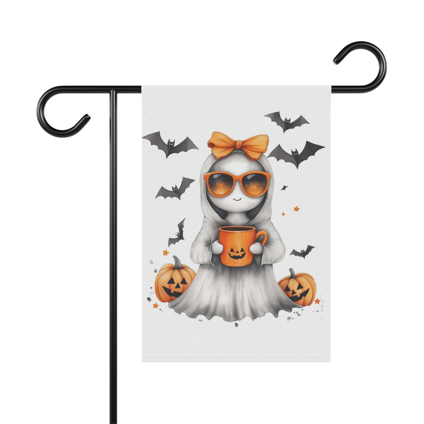 Halloween garden flag with cute ghost holding a pumpkin mug, wearing sunglasses, surrounded by bats and pumpkins