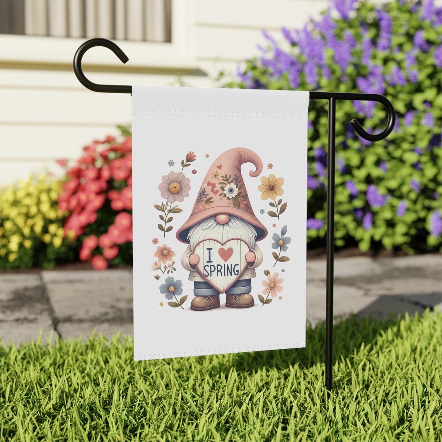 "I Love Spring" Gnome Garden Flag with Floral Hat