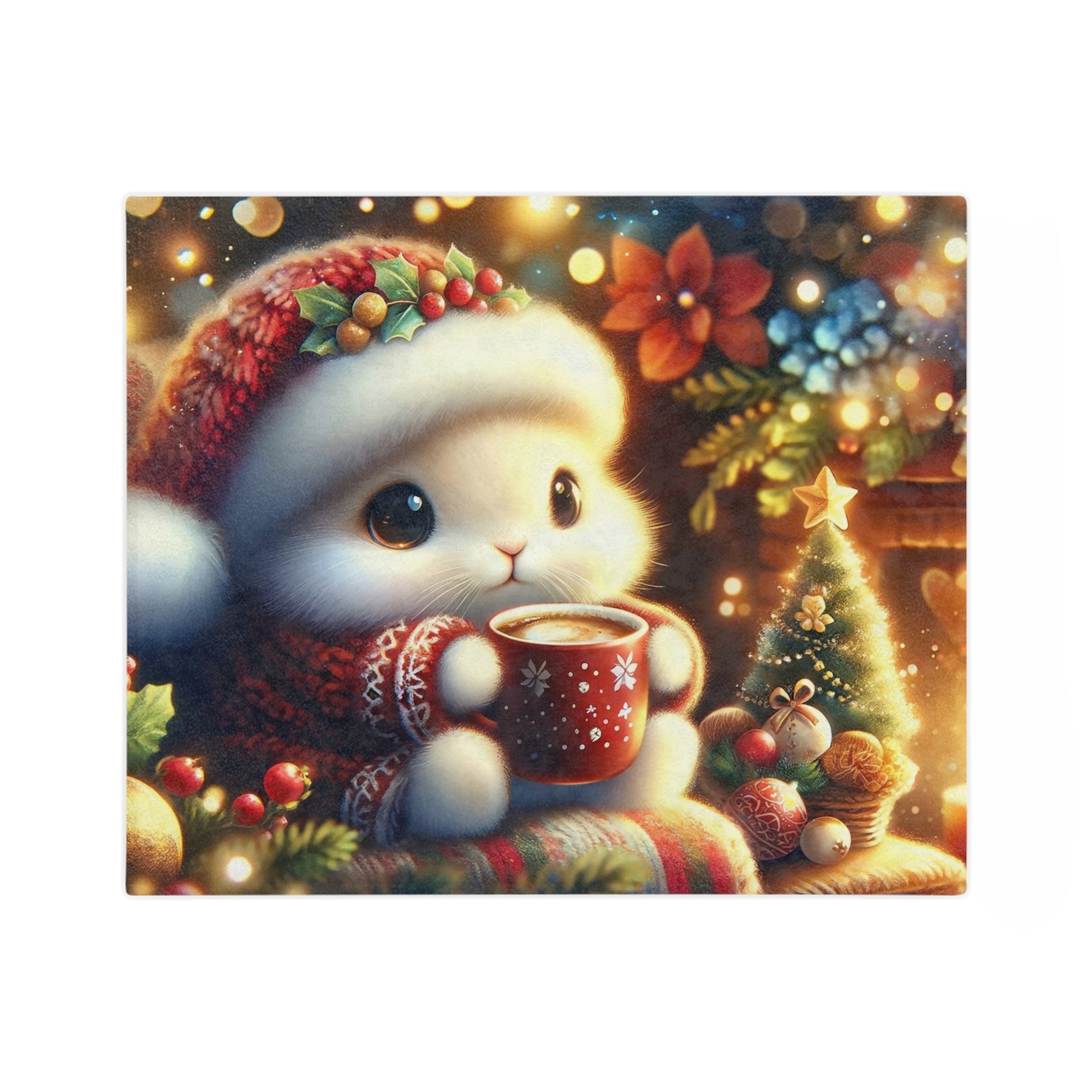A cute, fluffy white animal wearing a festive red Santa hat and scarf, holding a hot cocoa mug, in a warm Christmas scene with a small decorated tree and glowing lights.


