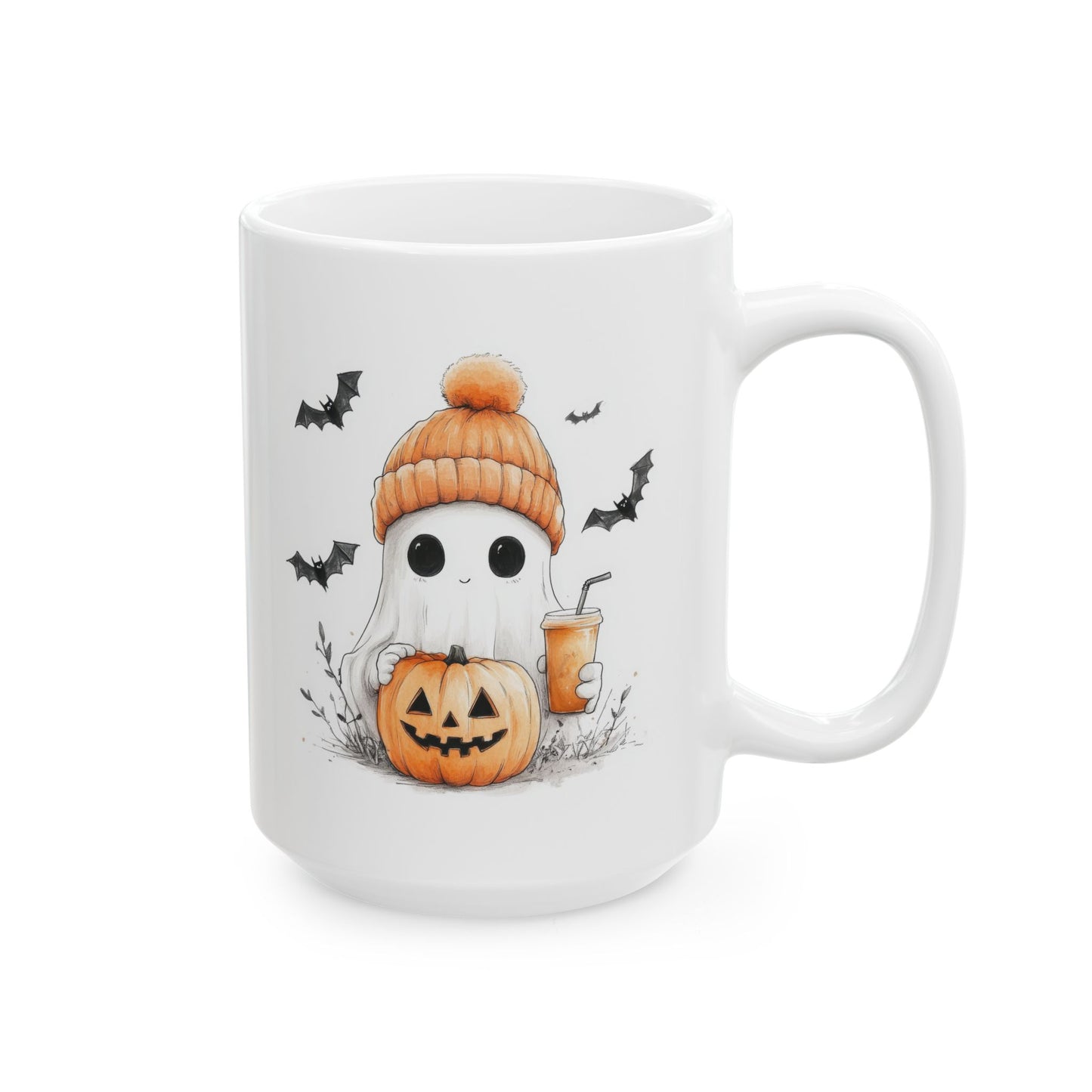 Adorable Ghost with Beanie & Pumpkin Coffee Mug