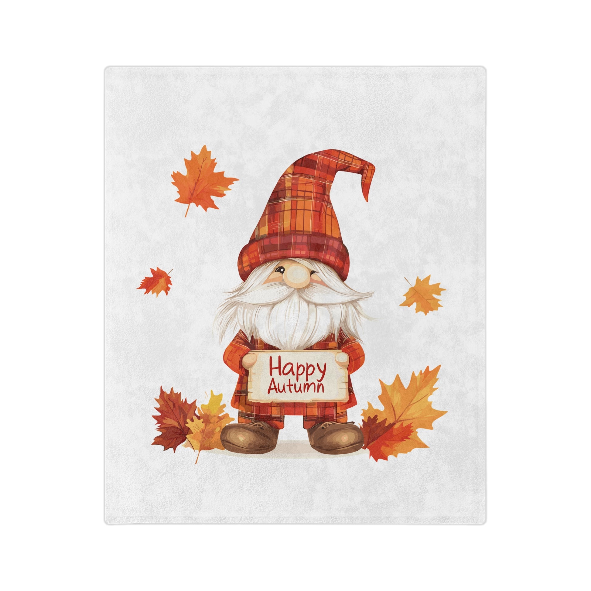 Lightweight velveteen blanket with a cartoon gnome wearing a plaid hat and holding a sign that says "Happy Autumn," surrounded by fall leaves.

