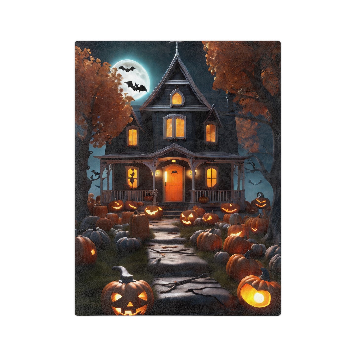 Enchanted Haunted House Halloween Plush Blanket with a haunted house, full moon, bats, autumn trees, and a path filled with glowing jack-o'-lanterns.

