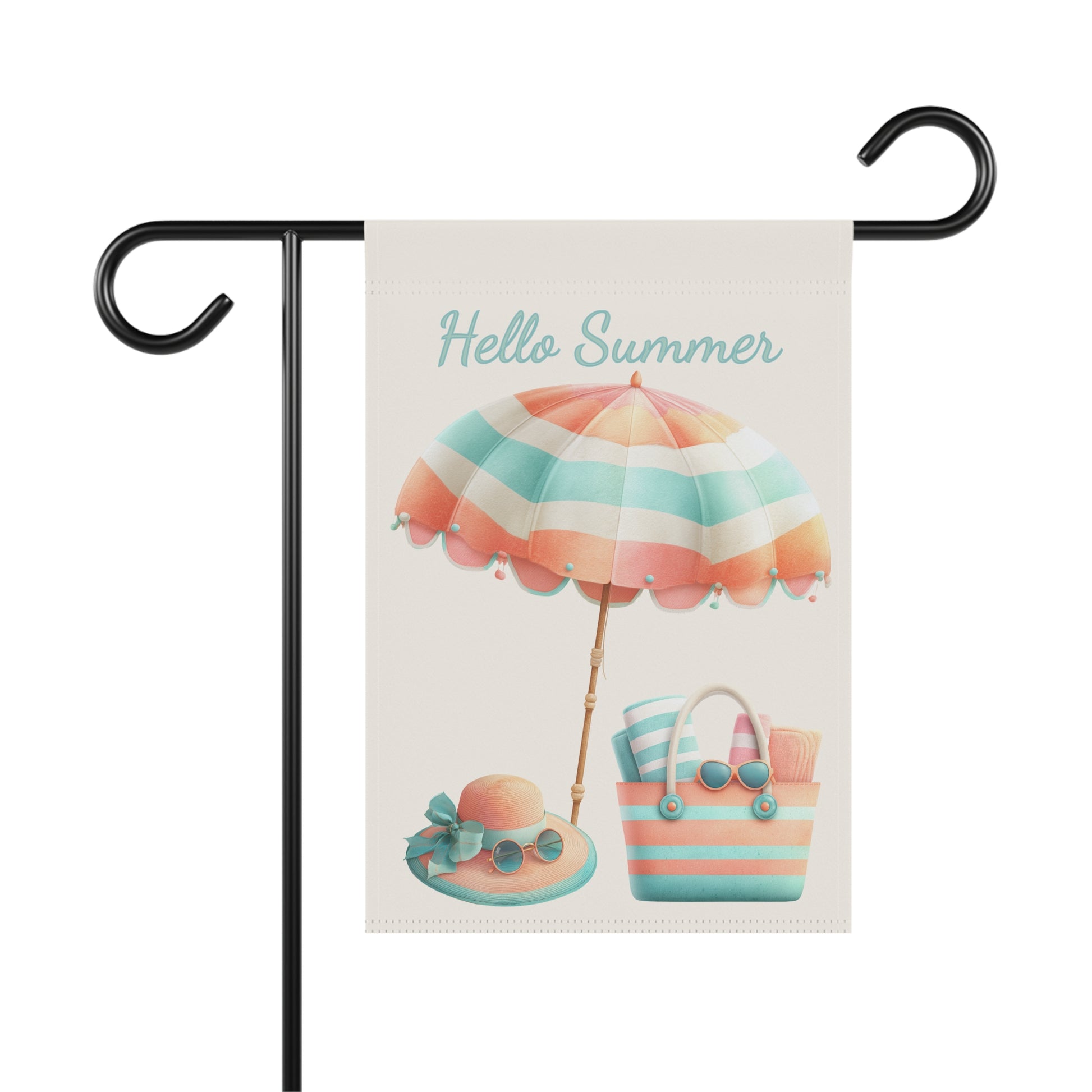 Summer garden flag featuring a pastel striped beach umbrella set above a sun hat and a tote bag packed with rolled towels and sunglasses under teal script text reading Hello Summer.