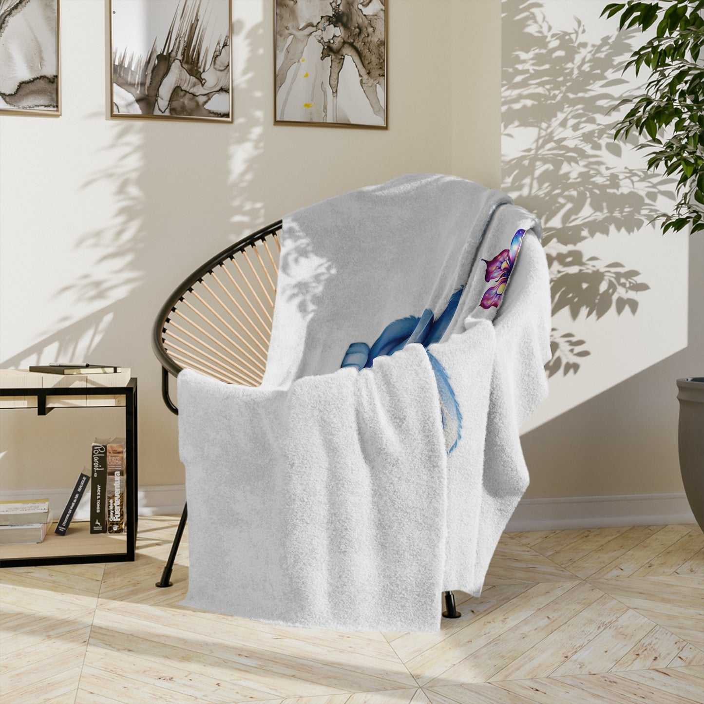 Adorable Blue Bunny & Butterflies Velveteen Blanket