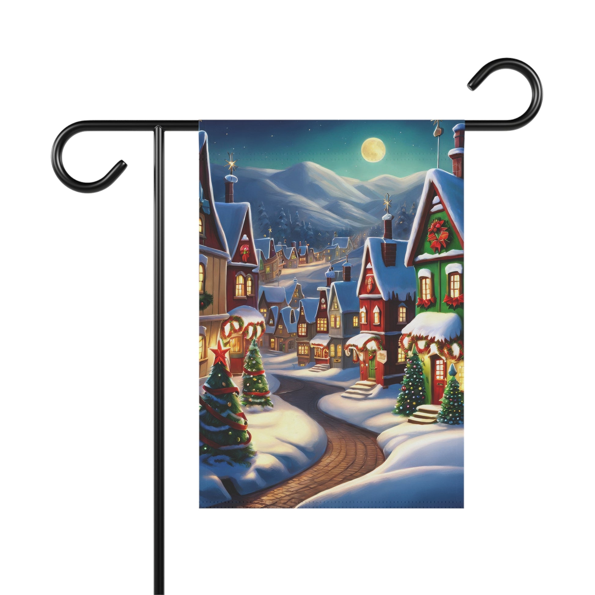 Snowy Christmas village garden flag under a full moon at night, with lit houses and decorated Christmas trees, serene holiday outdoor decor.

