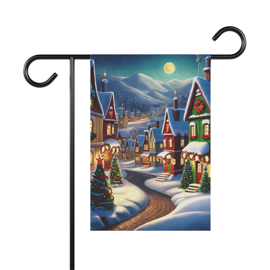 Snowy Christmas village garden flag under a full moon at night, with lit houses and decorated Christmas trees, serene holiday outdoor decor.

