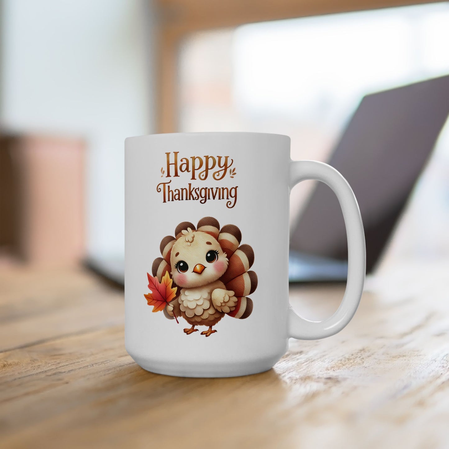Thanksgiving Coffee Mug Featuring a Cute Baby Turkey Holding a Leaf