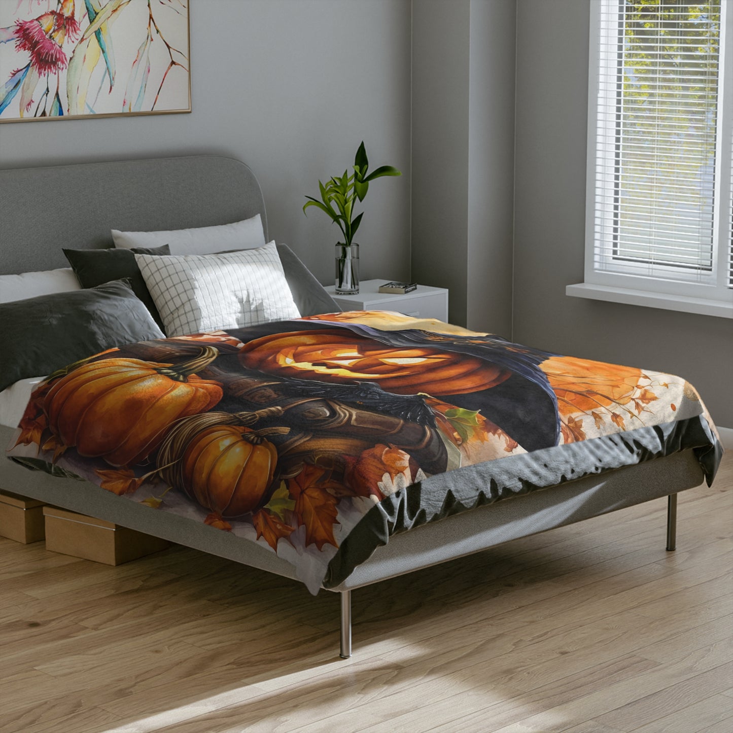 Witch Hat Jack-o'-Lantern & Raven Halloween Plush Blanket