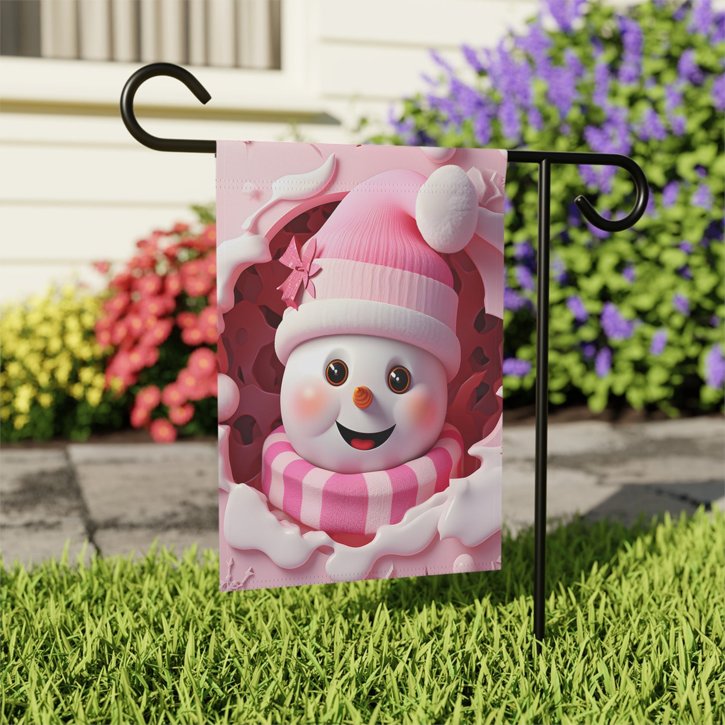 Adorable Pink Snowman Garden Flag