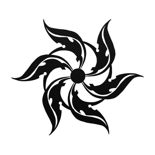 Black metal sign featuring a symmetrical, spiraling leaf or petal design in a tribal style.