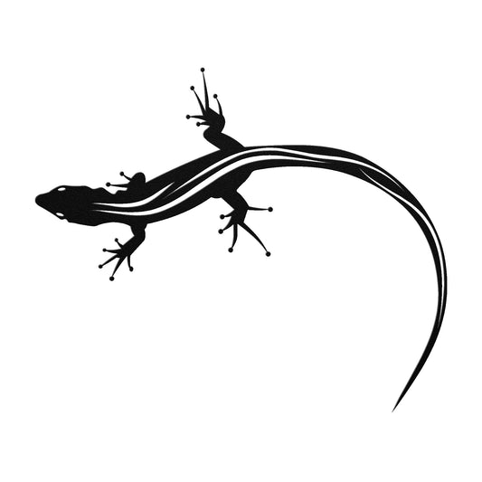 Black metal sign featuring a sleek silhouette of a lizard with a long, curved tail.
