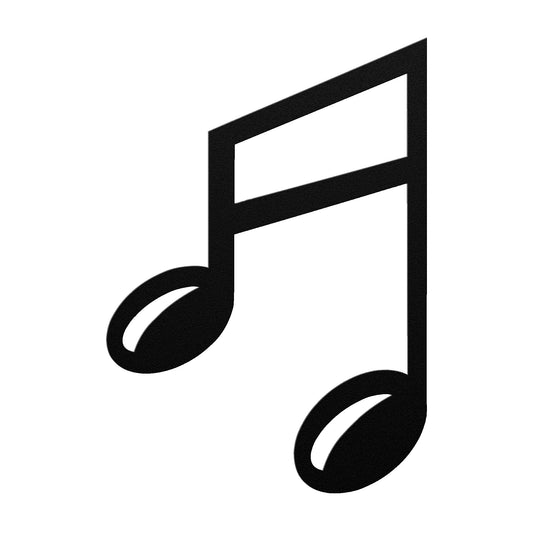 Black metal sign in the shape of two eighth musical notes joined together.