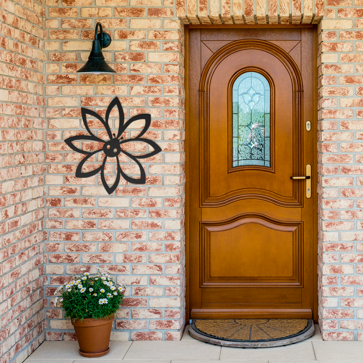 Metal_flower_with_lady_bug_wall_art_deco_Black_Brick_Entrance_Mockup.png
