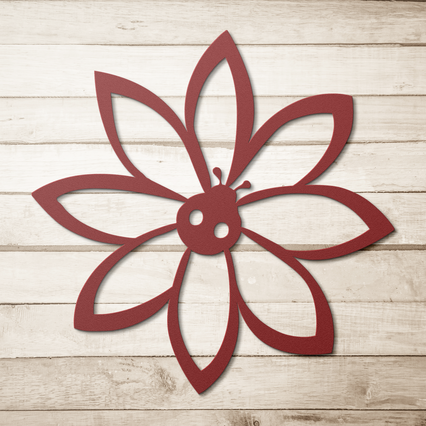 Metal_flower_with_lady_bug_wall_art_deco_Red_Simple_Wood_BKGD_Mockup.png