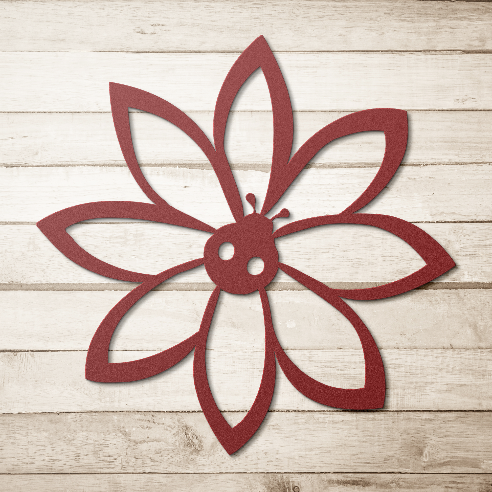 Metal_flower_with_lady_bug_wall_art_deco_Red_Simple_Wood_BKGD_Mockup.png