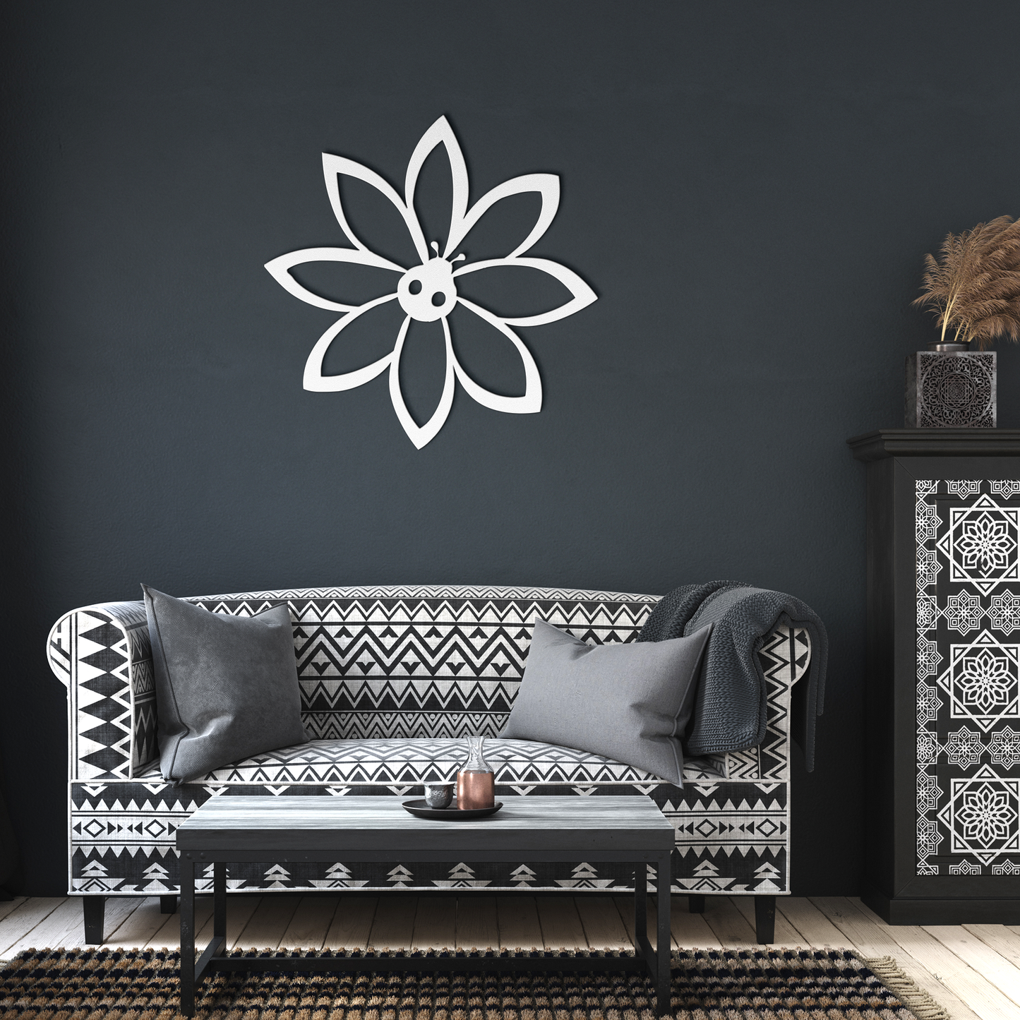 Metal_flower_with_lady_bug_wall_art_deco_White_Dark_Living_Room_Mockup.png