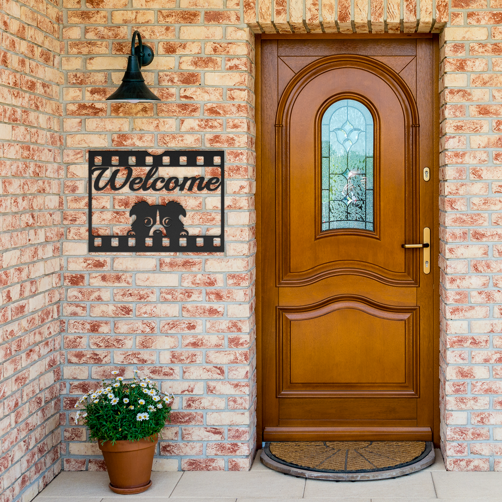Puppy_welcome_metal_sign_Black_Brick_Entrance_Mockup.png