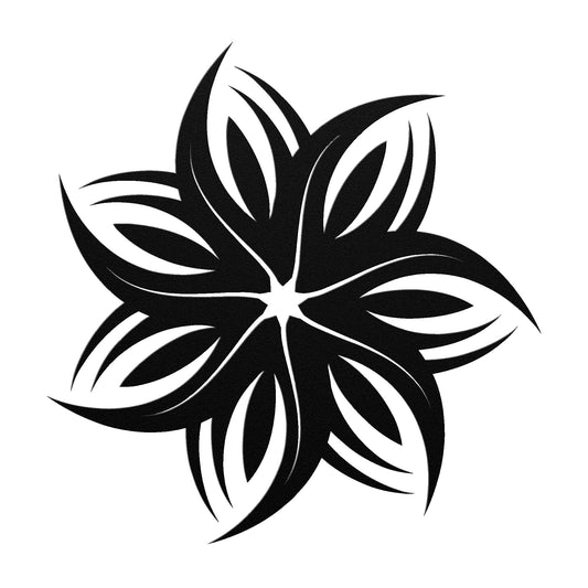 Black metal sign featuring a symmetrical, abstract flower design with tribal-style petals.