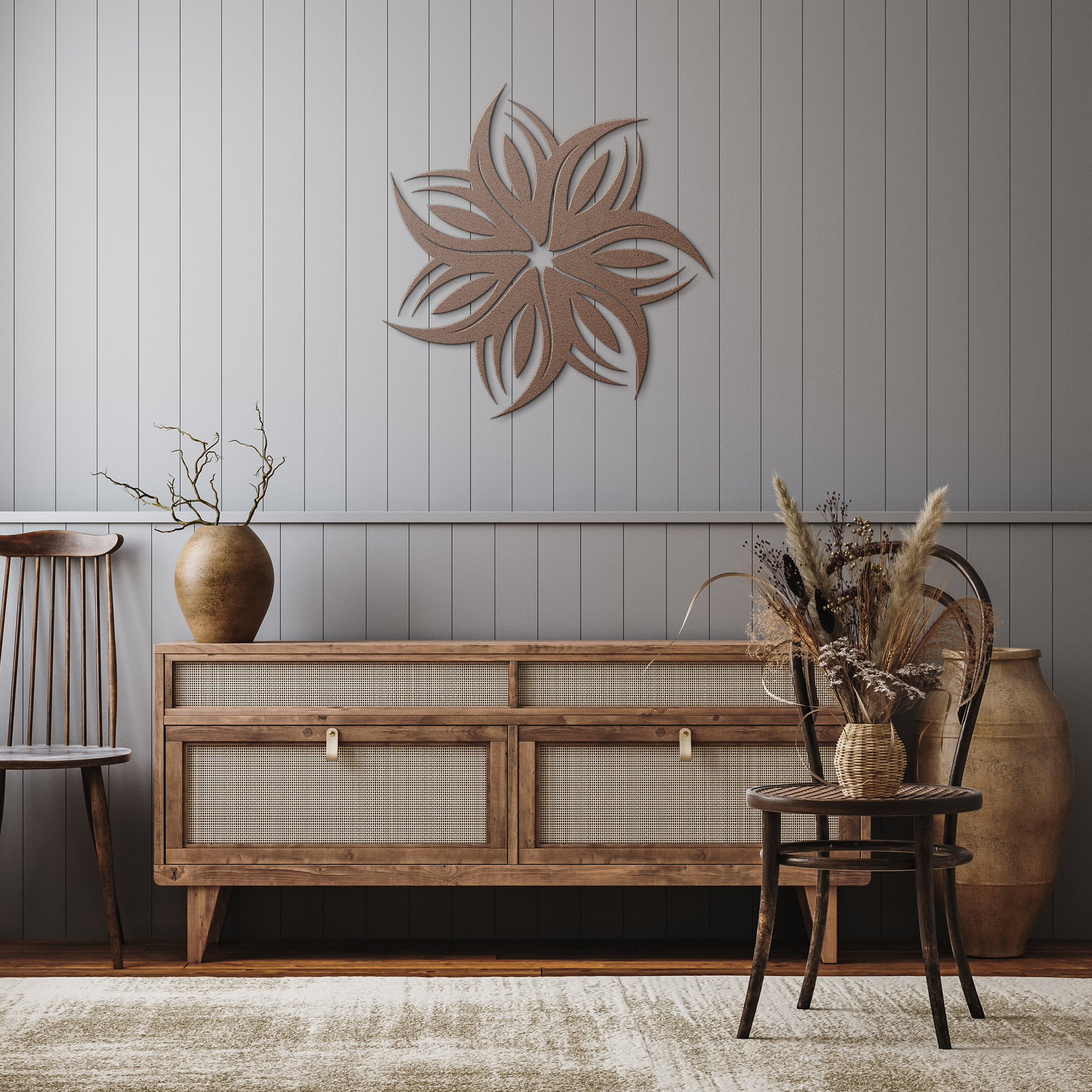Tribal_flower_metal_wall_art_for_indoor__Copper_Rustic_Hallway_Mockup.png
